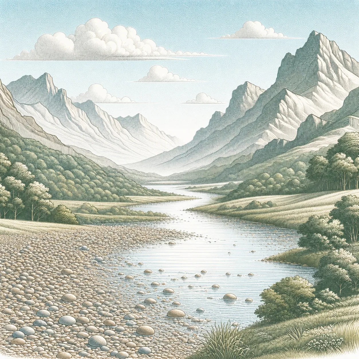 Wide mountain valley and river landscape