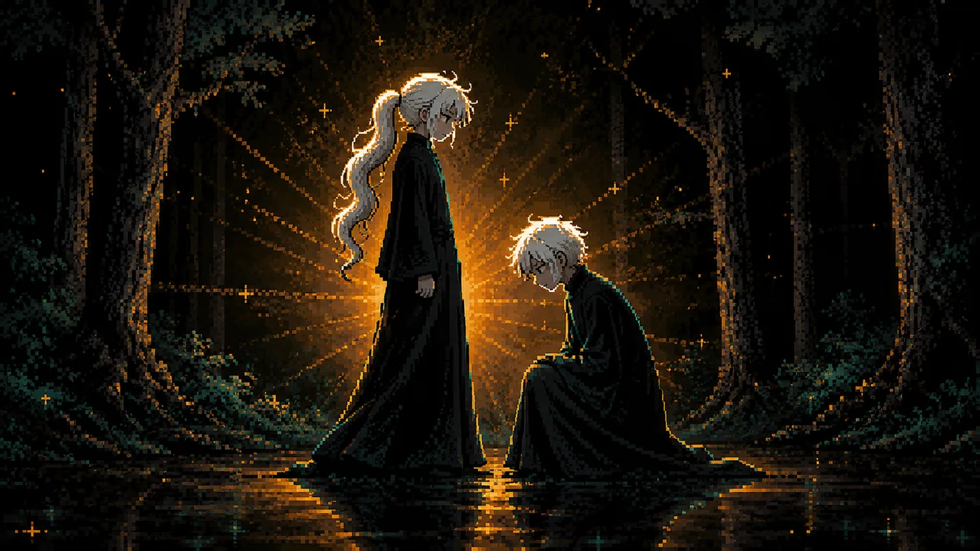 Pixel-style fantasy scene with two figures in a dark forest