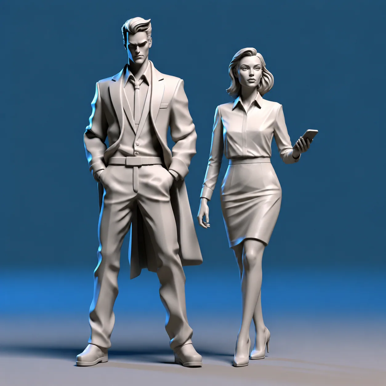 Two untextured silver 3D character base model concepts