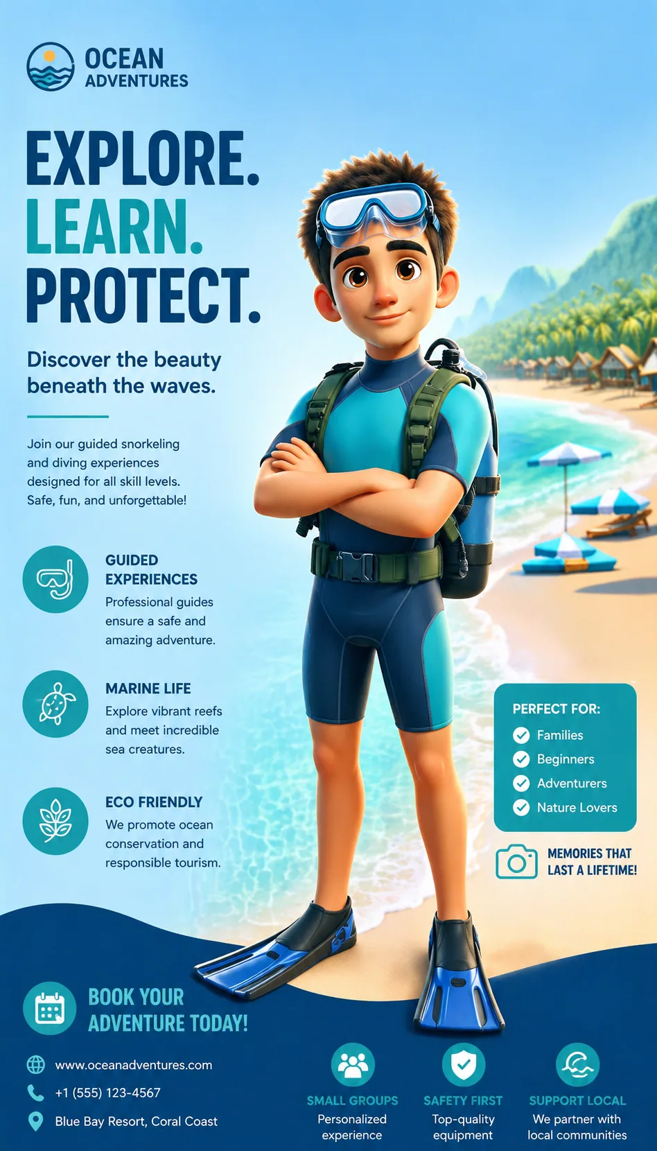 Educational poster with a young explorer character