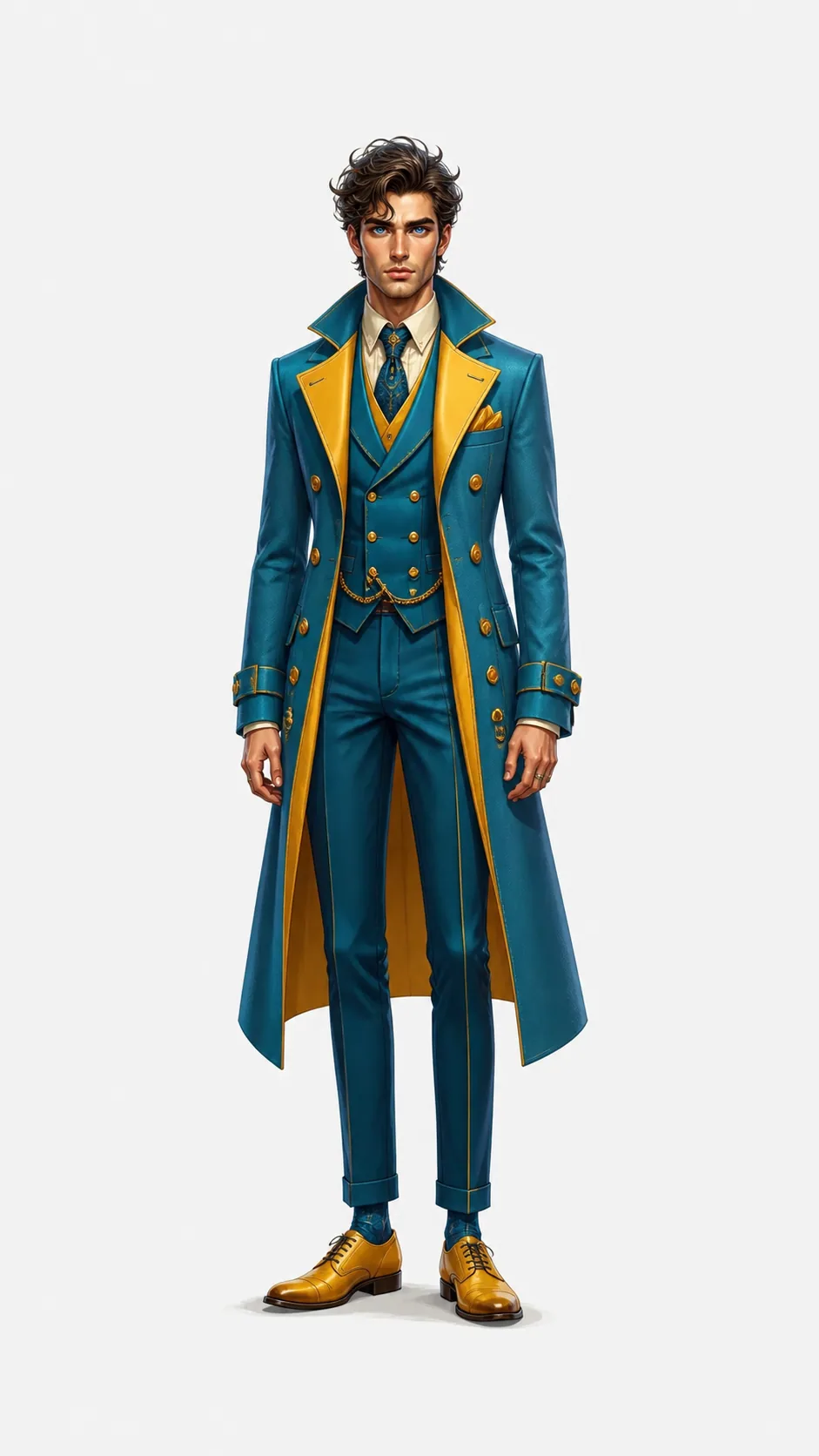 Fashion figure in a blue and gold coat