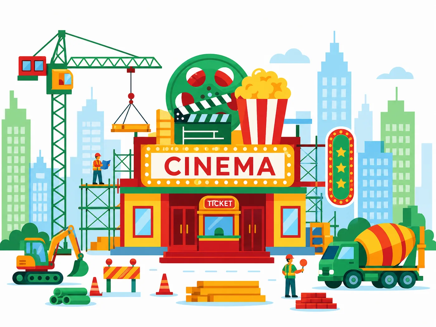 Colorful cinema building illustration