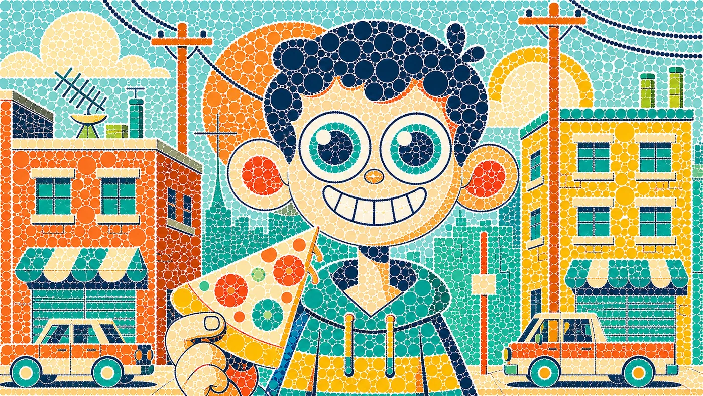 Colorful childlike city character illustration