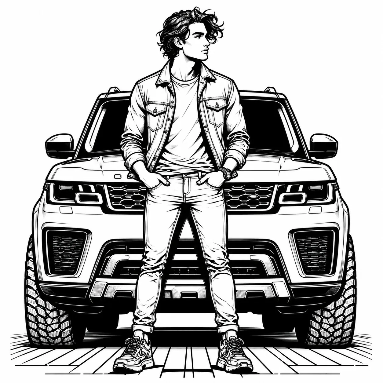 Black and white figure leaning against a vehicle