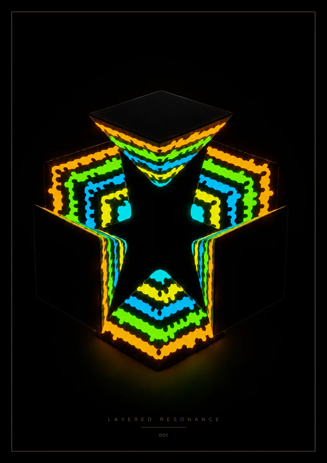 Neon pyramid-shaped object emblem on black