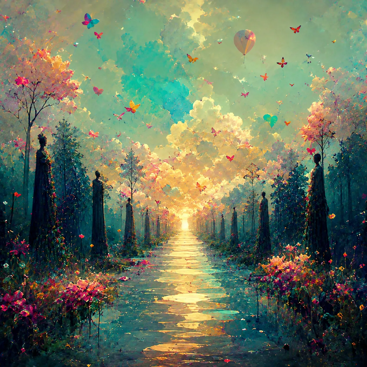 Painterly forest stream with glowing trees