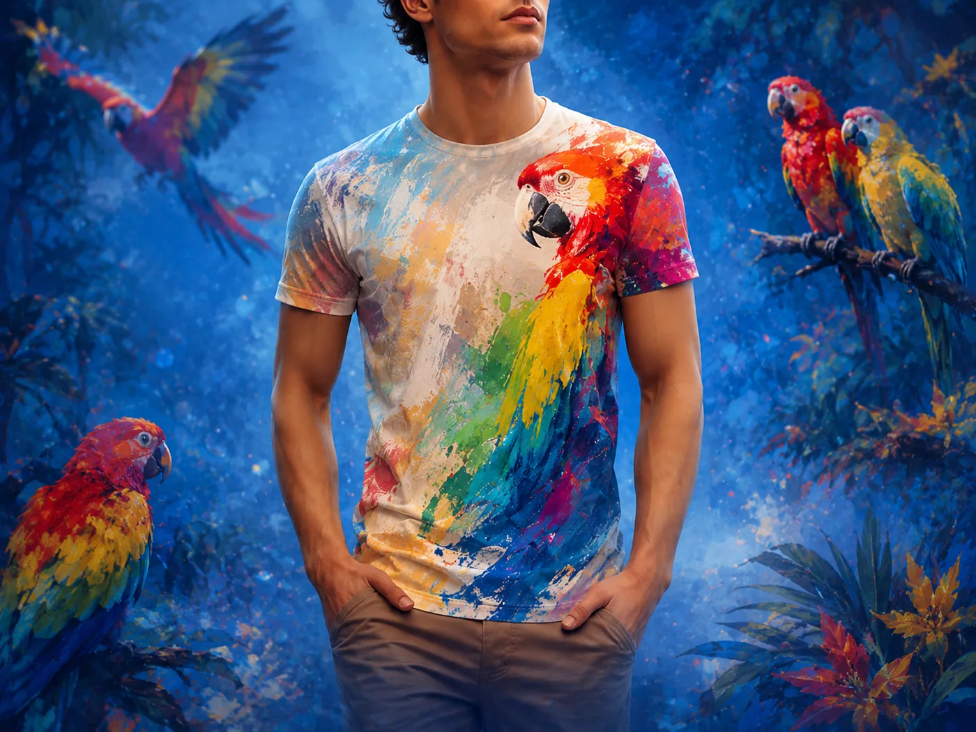 Colorful shirt design with birds and paint textures