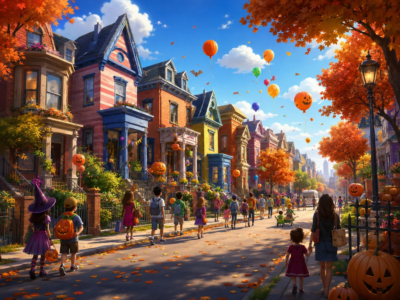 Autumn street with houses and balloons