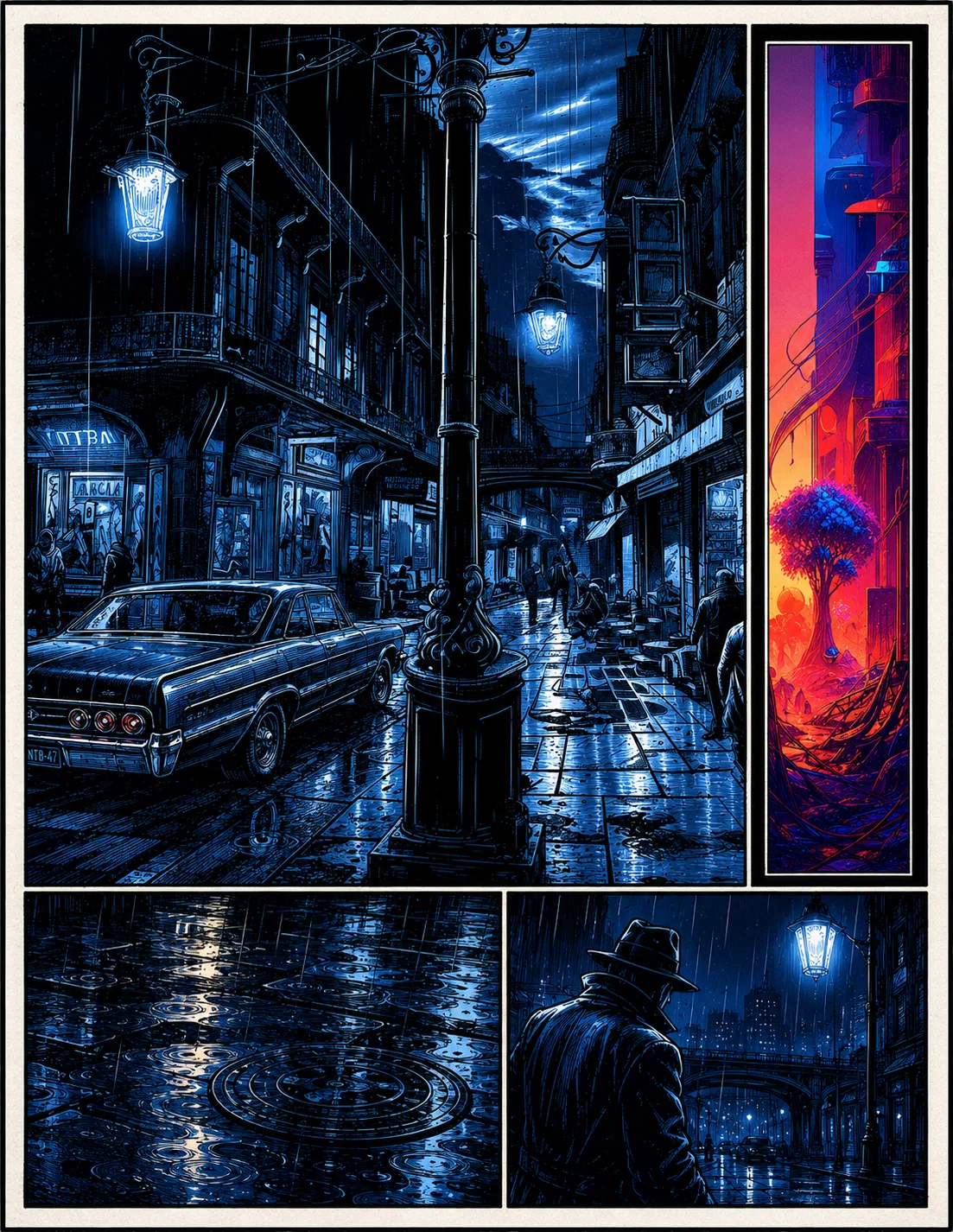 Graphic novel style blue industrial panels and window views