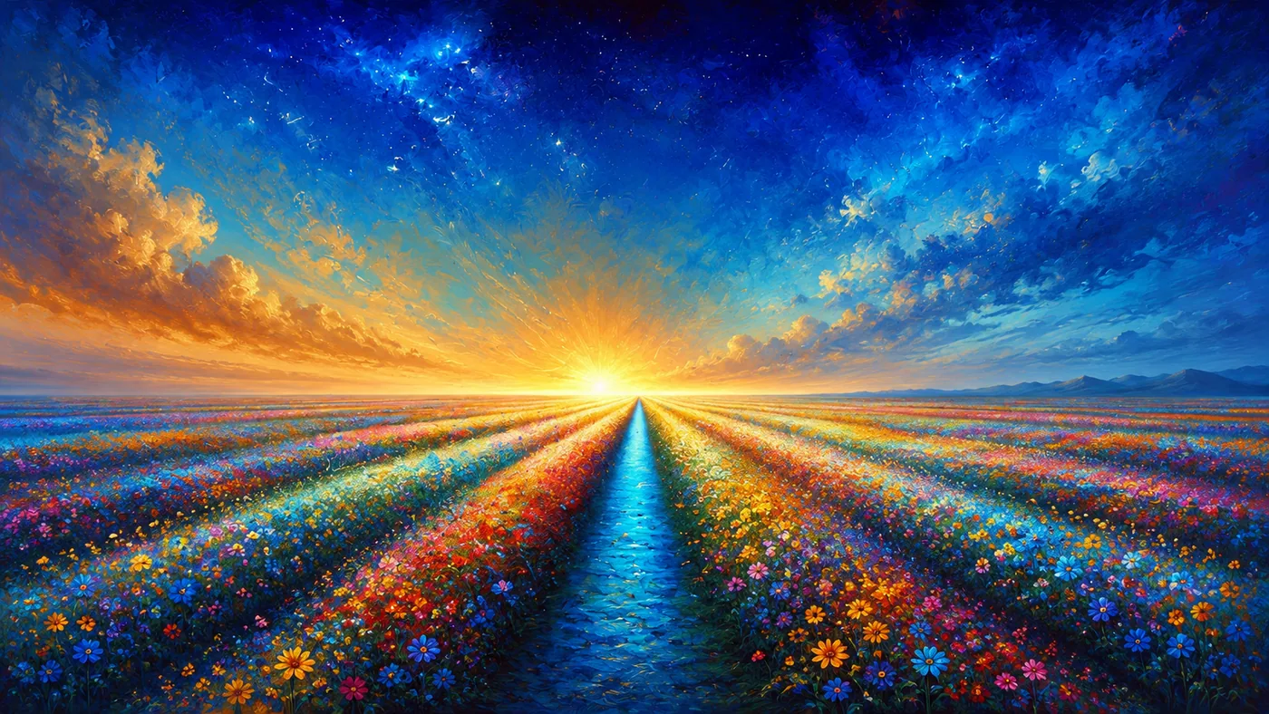 Bright colorful flower field vanishing into the horizon
