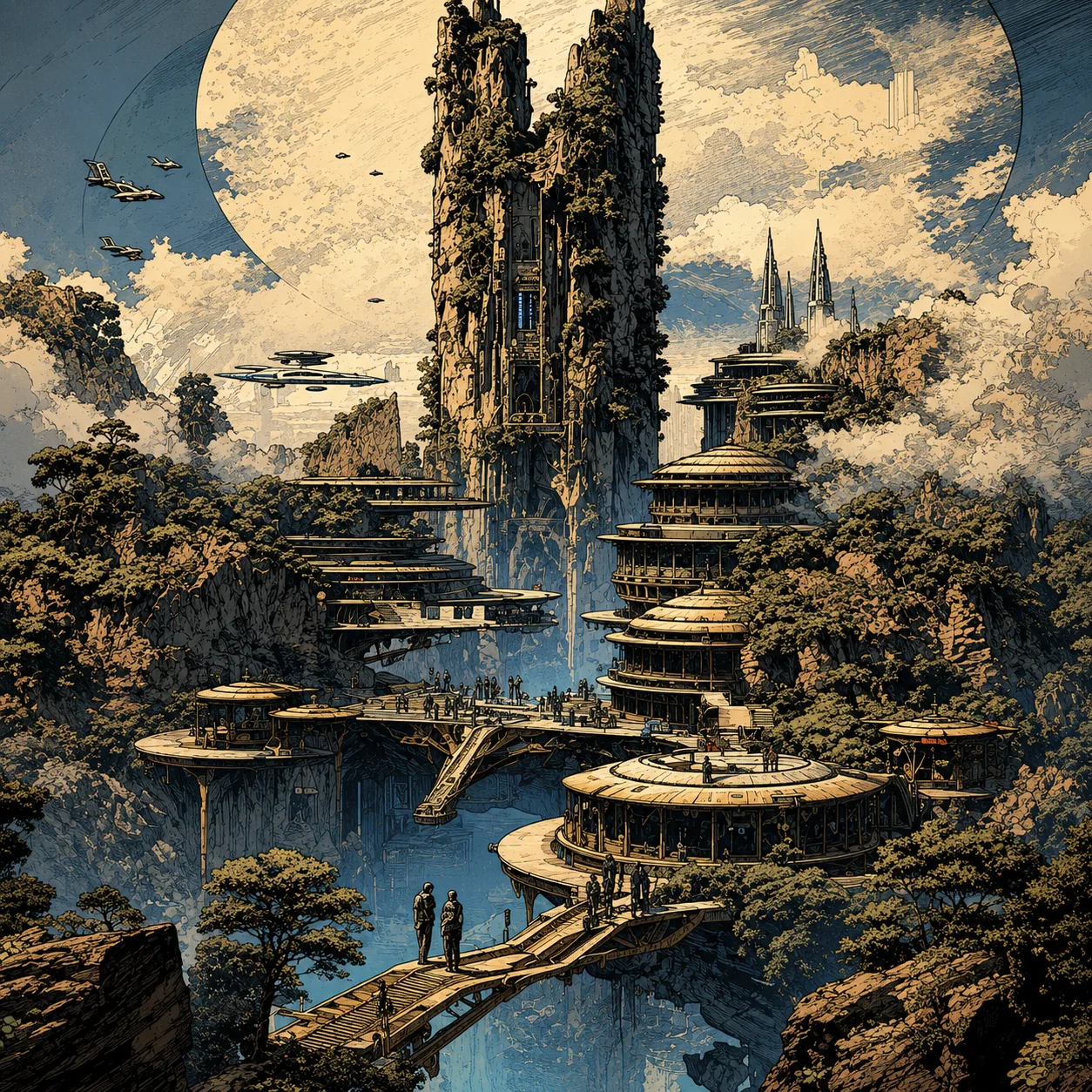 Suspended structural area on high rocks with bridges and viewing zones
