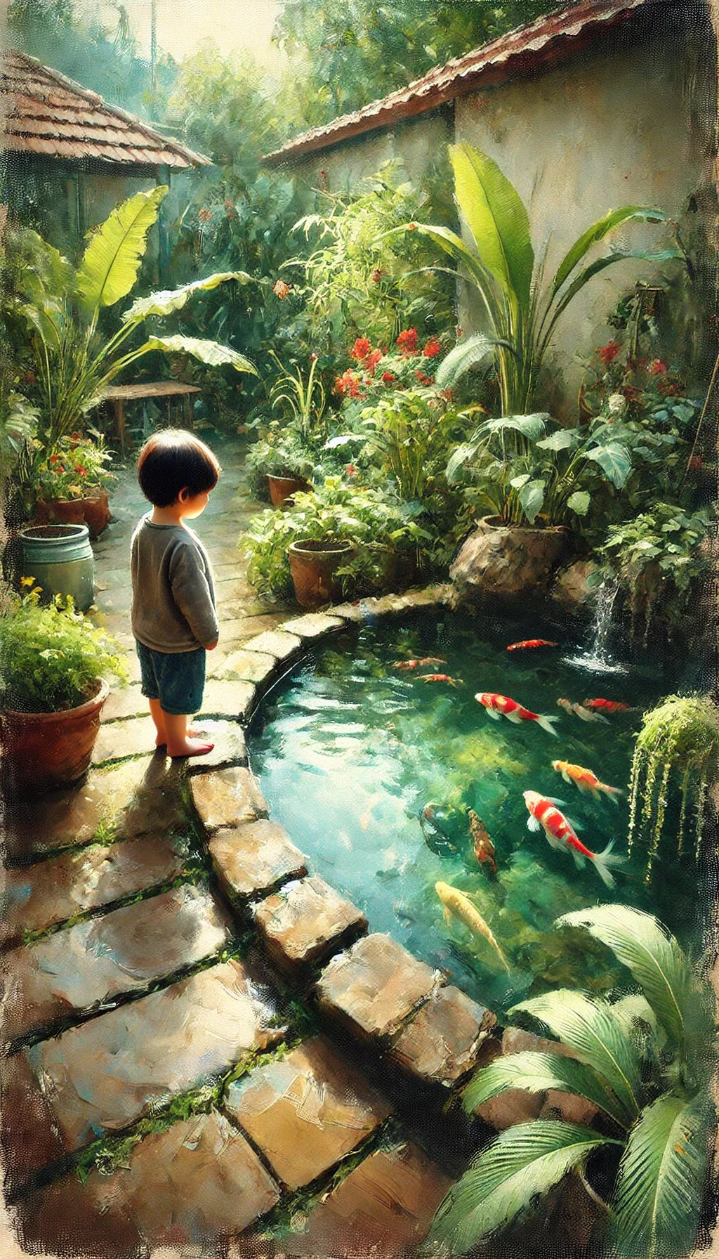 Painterly child looking at a small fish pond