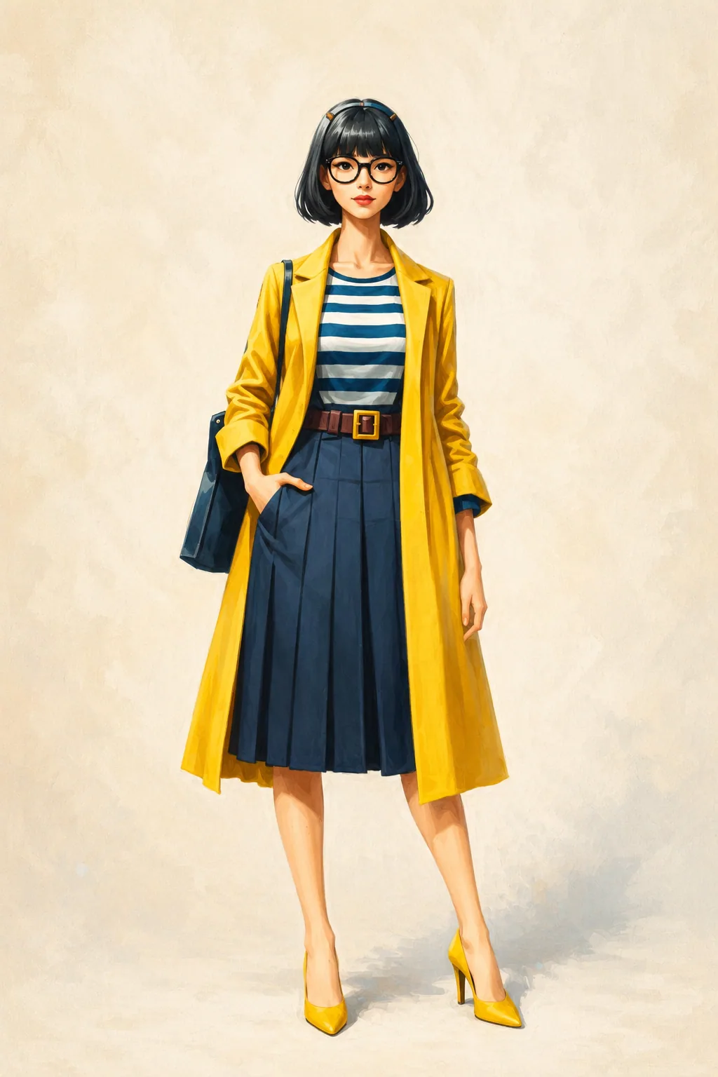 Fashion character in a yellow coat, striped shirt, blue skirt, glasses, and yellow shoes