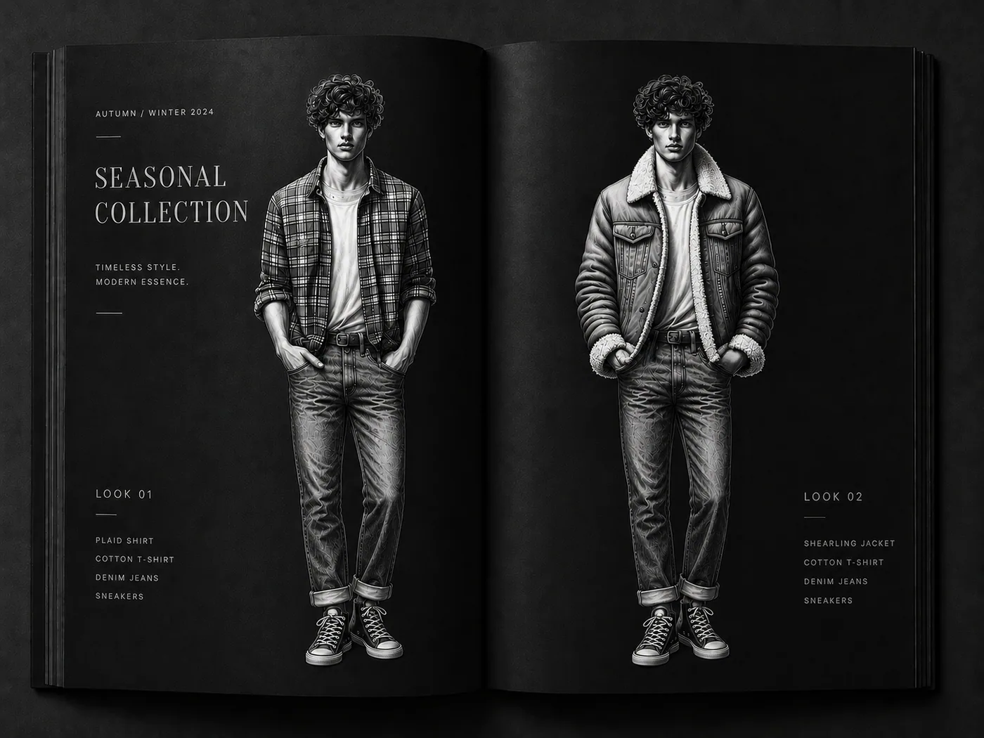 Black and white seasonal collection fashion spread with two male looks