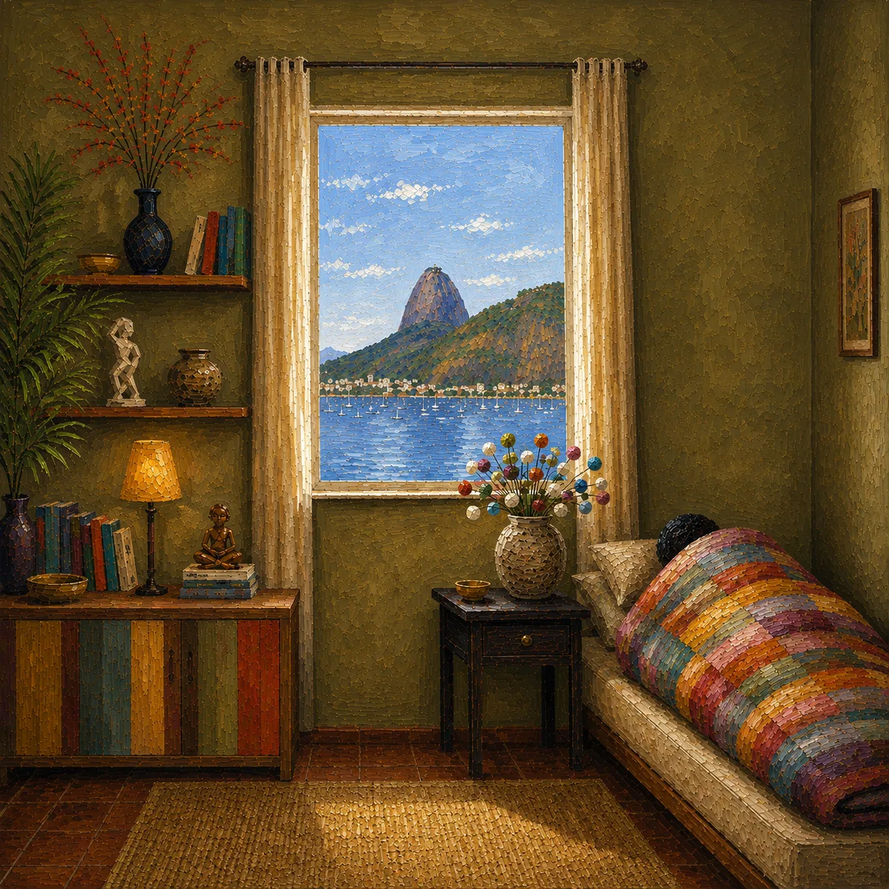 Warm room interior with a window view toward Rio de Janeiro