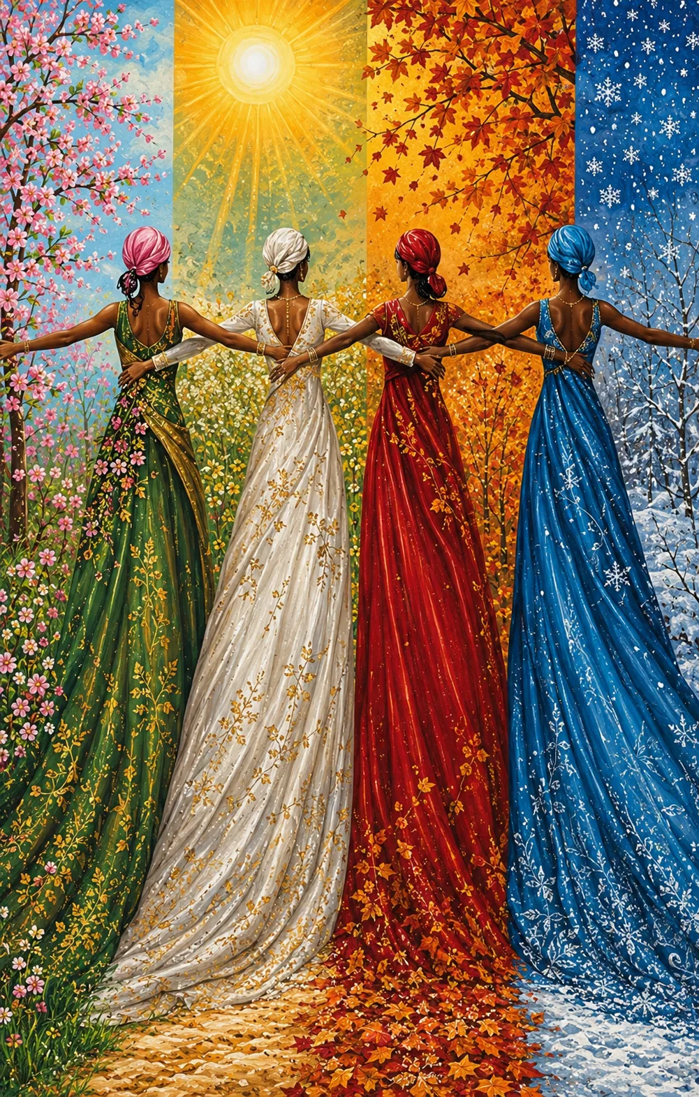 Four women in seasonal dresses representing spring, summer, autumn, and winter from the Flavia and Matteo collaboration