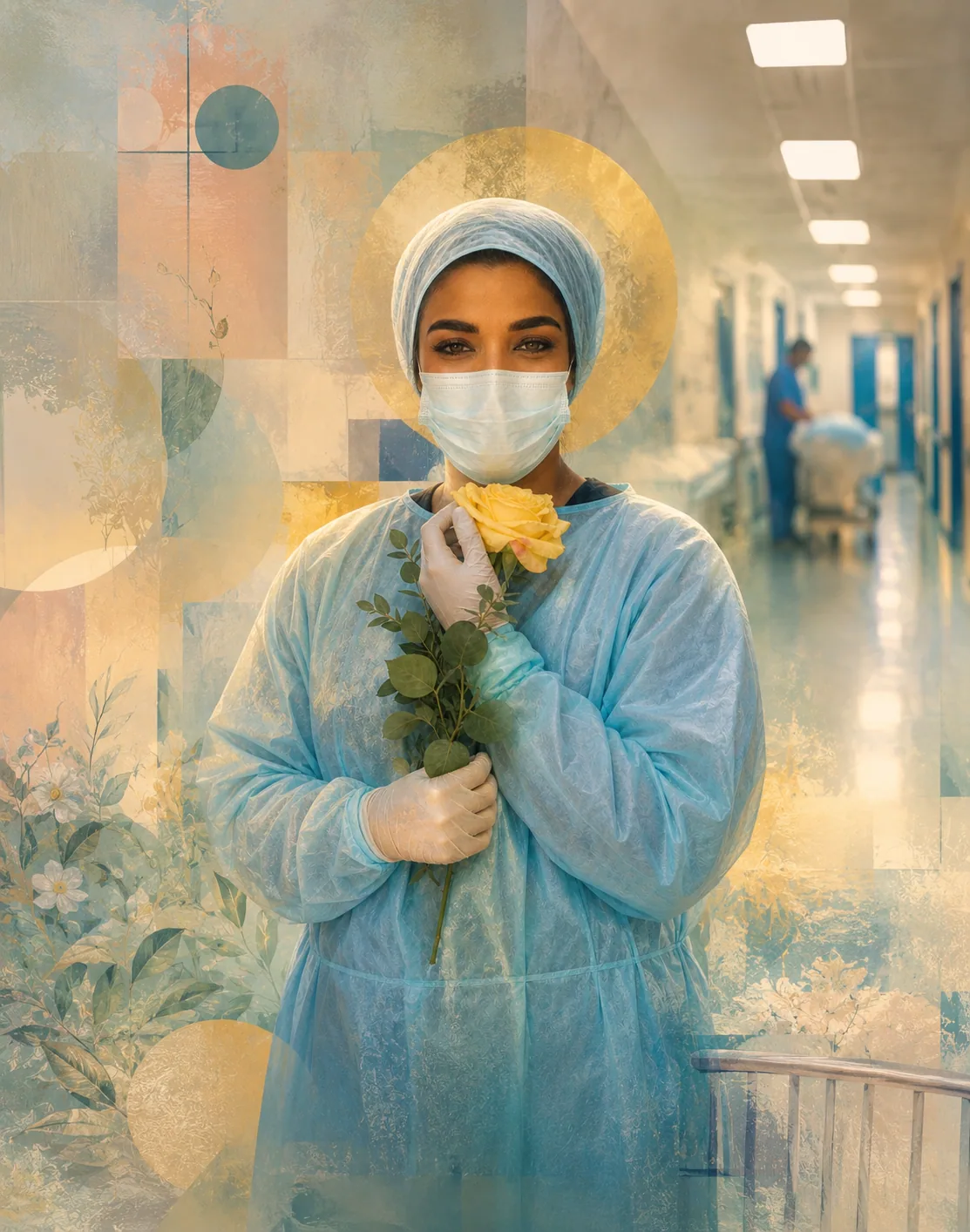 Invented depiction of Flavia as an OSS in a hospital corridor with a yellow flower